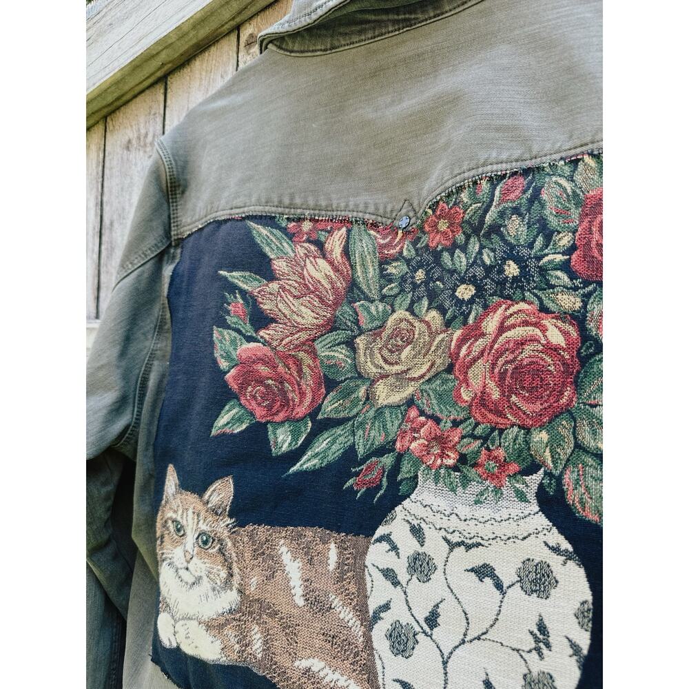 Upcycled Cat Tapestry Jacket | Vintage Floral Cat Jacket | Cottagecore